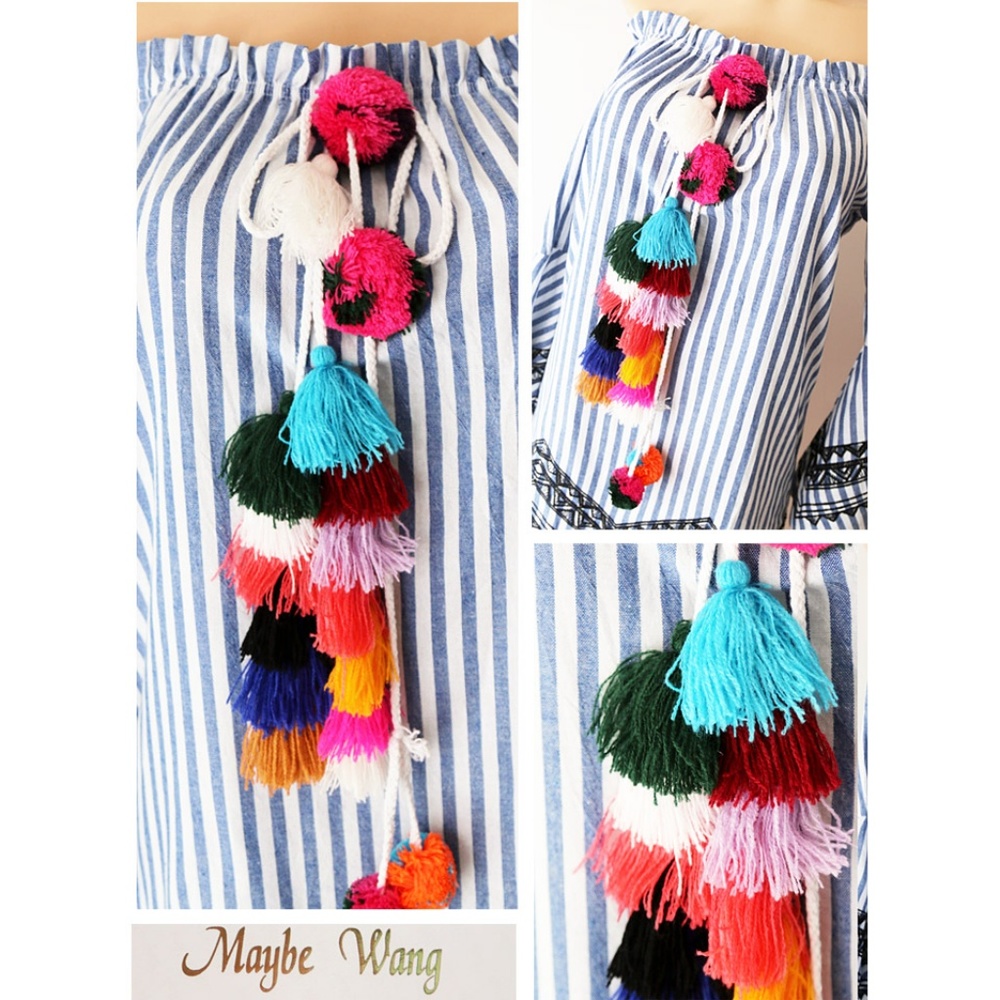 Blue Stripe Pom Pom Tassel Bell Off Shoulder Dress - Picture 4 of 8